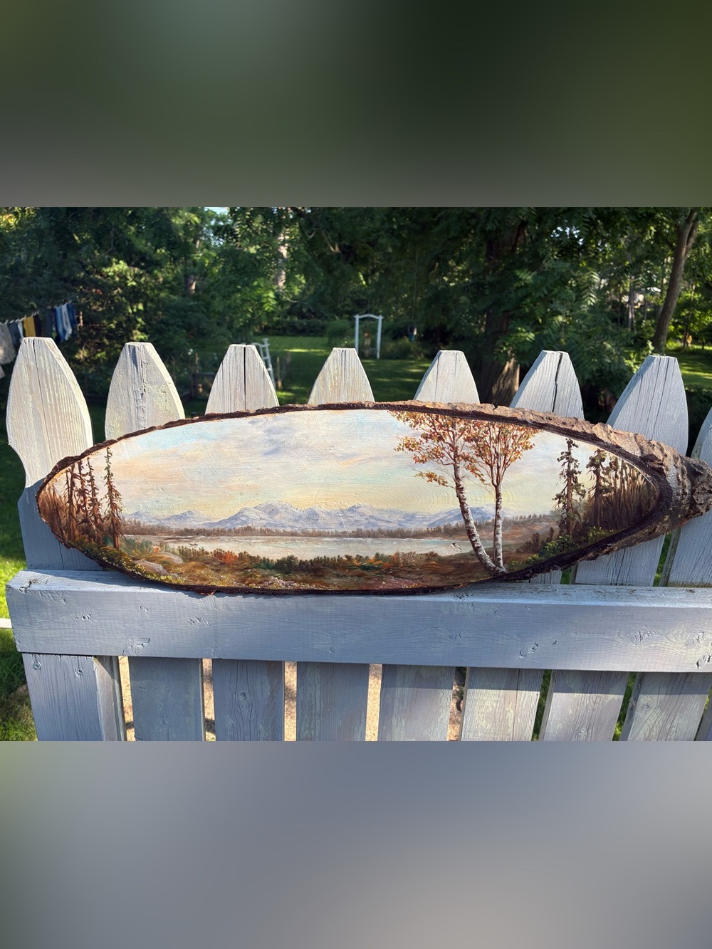 Hand-Painted Wood Slab Live Edge Painting Signed Rustic Cottage Core